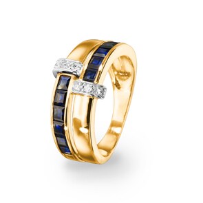 Bague or jaune 750/18 ct avec saphirs carrée 1.58ct. & diamants 0.07ct.