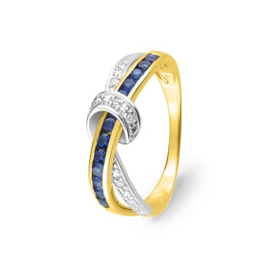Damenring 750/18 K Gelbgold mit Saphiren rund & Diamanten 0.03ct.