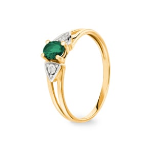 Bague or jaune 750/18 ct avec émeraude ovale & diamants 0.01ct.