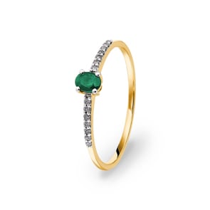 Bague or jaune 750/18 ct avec émeraude ovale & diamants 0.07 ct H/si