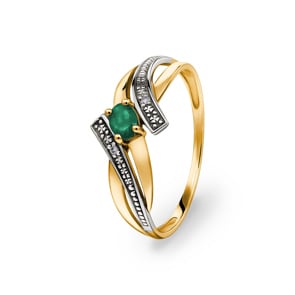 Damenring 750/18 K Gelbgold mit Smaragd oval und Diamanten 0.01ct.