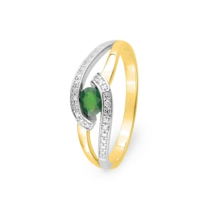 Damenring 750/18 K Gelbgold mit Smaragd oval und Diamanten 0.03ct.