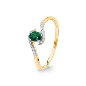 Damenring 750/18 K Gelbgold mit Smaragd oval und Diamanten 0.07 ct H/si