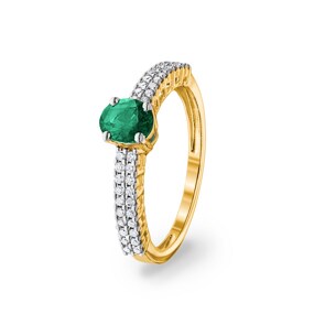 Bague or jaune 750/18 ct avec émeraude ovale et diamants 0.16 ct H/si