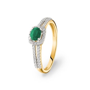 Damenring 750/18 K Gelbgold mit Smaragd oval und Diamanten 0.20 ct H/si