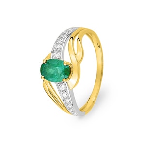 Damenring 750/18 K Gelbgold mit Smaragd oval und Zirkonia