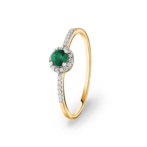 Damenring 750/18 K Gelbgold mit Smaragd rund und Diamanten 0.07 ct H/si