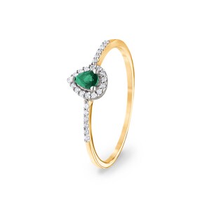 Bague or jaune 750/18 ct avec émeraude poire et diamants 0.08 ct H/si