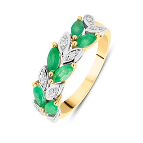 Damenring 750/18 K Gelbgold mit Smaragden Marquise und Diamanten 0.07ct.