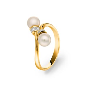 Damenring 750/18 K Gelbgold mit Süsswasserzuchtperlen & Diamanten 0.01 ct H/Si