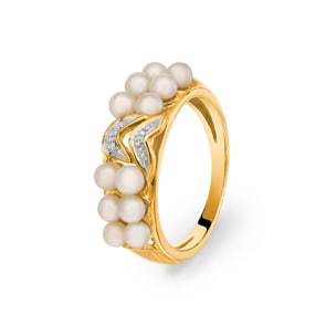 Damenring 750/18 K Gelbgold mit Süsswasserzuchtperlen & Diamanten 0.03 ct H/Si