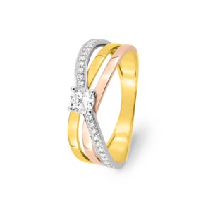 Bague or tricolore 750/18 ct avec zircones solitaires fantaisie