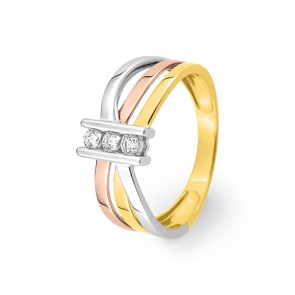 Damenring 750/18 K Tricolor mit Zirkonia Trilogie