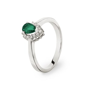 Damenring 750/18 K Weissgold, Diamanten 0.11 ct H/si & Smaragd 0.34 ct