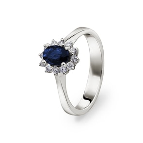 Damenring 750/18 K Weissgold, Diamanten 0.17 ct H/si & Saphir 0.52 ct