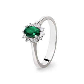 Damenring 750/18 K Weissgold, Diamanten 0.17 ct H/si & Smaragd 0.38 ct
