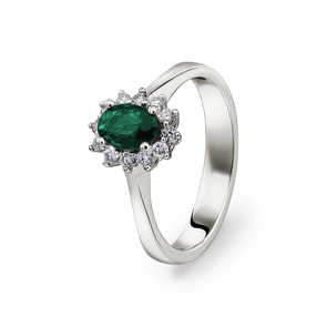 Damenring 750/18 K Weissgold, Diamanten 0.17 ct H/si & Smaragd 0.38 ct