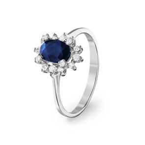 Damenring 750/18 K Weissgold, Diamanten 0.22 ct H/si & Saphir 1.00 ct