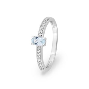 Damenring 750/18 K Weissgold mit Aquamarin oval & Diamanten 0.09 ct.