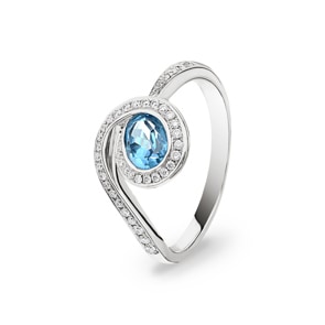 Damenring 750/18 K Weissgold mit Blautopas & Diamanten 0.21 ct H/si, Ø 56