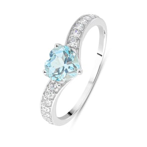 Bague or gris 750/18 ct avec topaze bleue cœur et zircones