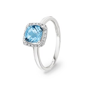 Bague or gris 750/18 ct avec topaze bleue coussin et diamants 0.06 ct H/si