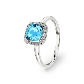 Damenring 750/18 K Weissgold mit Blautopas Kissen und Diamanten 0.06 ct H/si