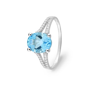 Damenring 750/18 K Weissgold mit Blautopas oval und Zirkonia