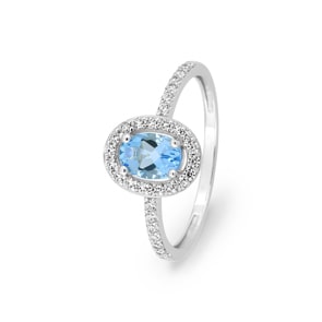 Ring 750/18 K White Gold with oval Blue Topaz and Cubic Zirconia