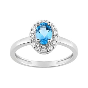Bague or gris 750/18 ct avec topaze bleue ovale & zircones