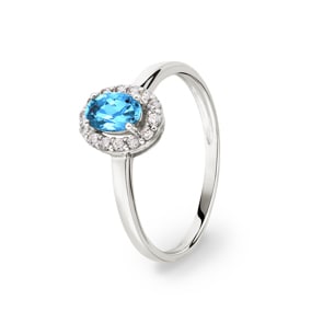 Bague or gris 750/18 ct avec topaze bleue ovale & zircones