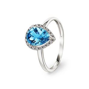Damenring 750/18 K Weissgold mit Blautopas Tropfen und Diamanten 0.06 ct H/si