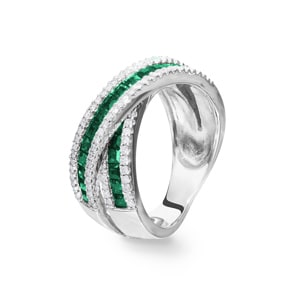 Bague or gris 750/18 ct avec diamants 0.56 ct H/Si et émeraudes