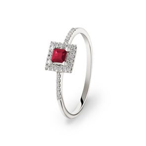 Damenring 750/18 K Weissgold mit Rubin und Diamanten 0.09 ct H/si