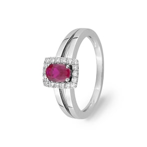 Bague or gris 750/18 ct avec rubis ovale & diamants 0.13ct.