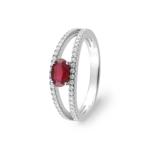 Bague or gris 750/18 ct avec rubis ovale & diamants 0.22ct.