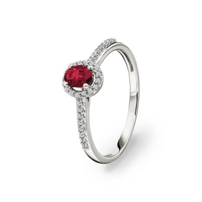 Damenring 750/18 K Weissgold mit Rubin oval und Diamanten 0.12 ct H/si