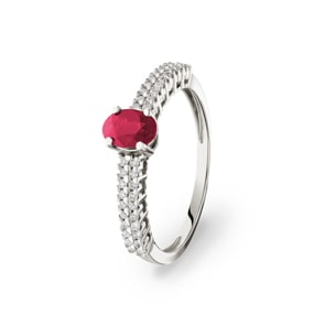 Damenring 750/18 K Weissgold mit Rubin oval und Diamanten 0.16 ct H/si