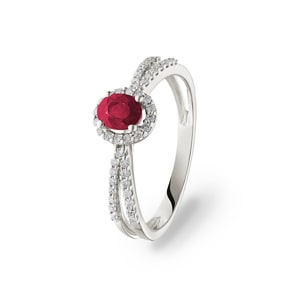 Damenring 750/18 K Weissgold mit Rubin oval und Diamanten 0.19 ct H/si