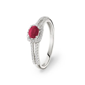 Damenring 750/18 K Weissgold mit Rubin oval und Diamanten 0.20 ct H/si