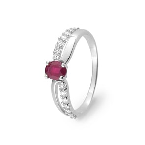 Damenring 750/18 K Weissgold mit Rubin oval und Zirkonia