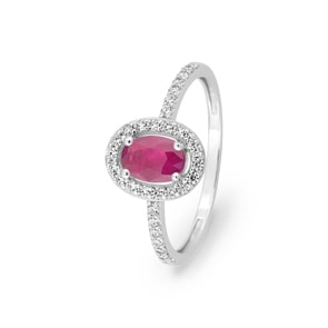Damenring 750/18 K Weissgold mit Rubin oval und Zirkonia