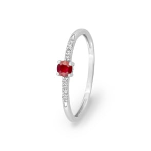 Damenring 750/18 K Weissgold mit Rubin rund & Diamanten 0.04 ct.