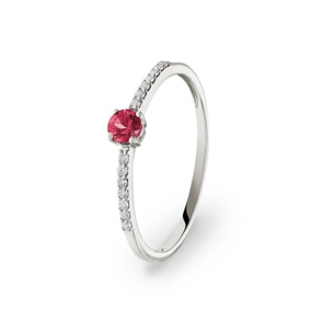 Damenring 750/18 K Weissgold mit Rubin rund & Diamanten 0.07 ct H/si