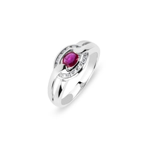 Damenring 750/18 K Weissgold mit Rubin und Diamanten 0.18 ct H/si, Ø 56