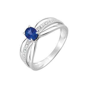 Damenring 750/18 K Weissgold mit Saphir oval & Diamanten 0.03ct.