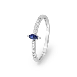 Damenring 750/18 K Weissgold mit Saphir oval & Diamanten 0.10 ct.