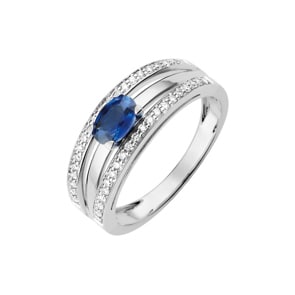 Damenring 750/18 K Weissgold mit Saphir oval & Diamanten 0.21 ct.
