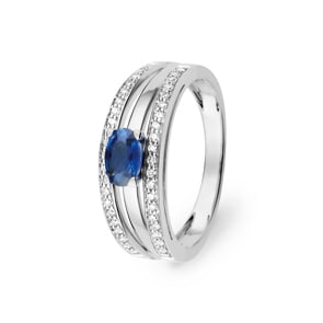 Damenring 750/18 K Weissgold mit Saphir oval & Diamanten 0.21 ct.