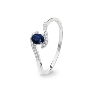 Damenring 750/18 K Weissgold mit Saphir oval und Diamanten 0.07 ct H/si